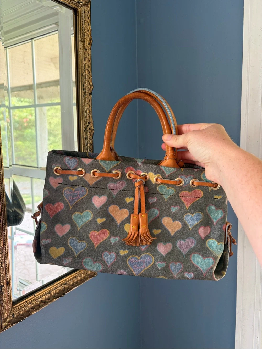 Dooney & Bourke Multicolor Heart-Print Satchel with Tan Leather Trim